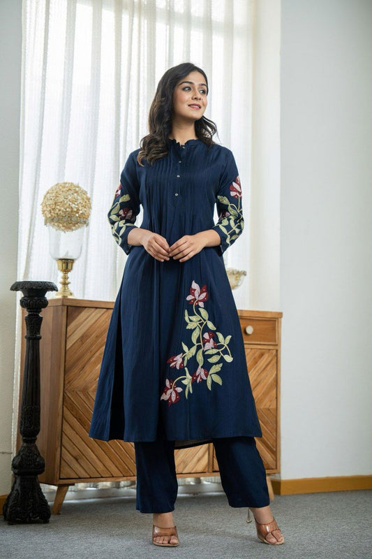 Navy Blue Cotton Kurti Set with Floral Embroidery