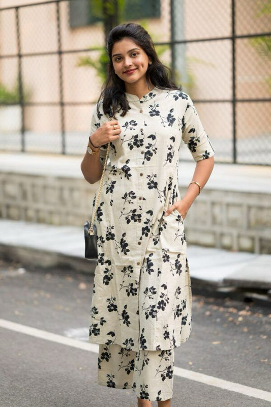 Elegant Beige Cotton Kurti Set with Black Floral Print