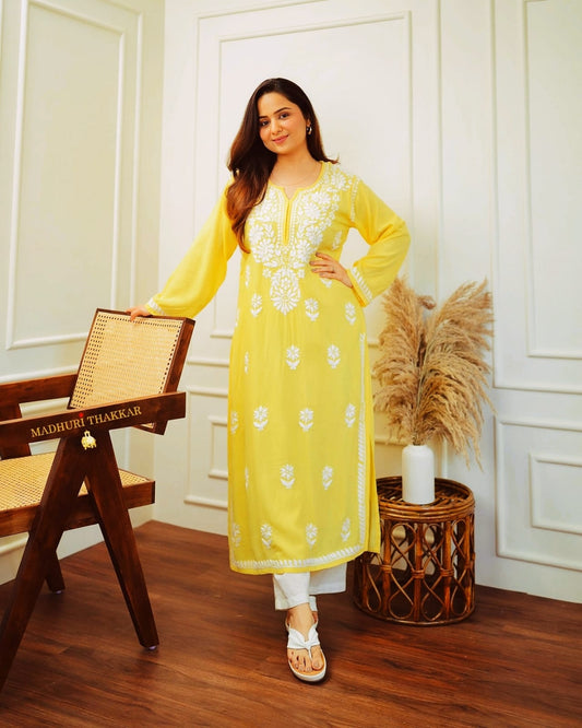Sunshine Yellow Embroidered rayon Kurti