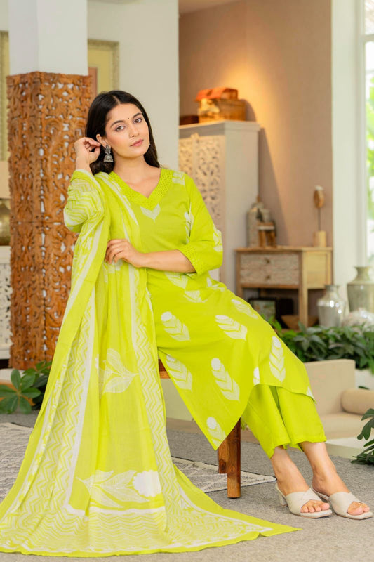 Bright Lime Green Cotton Kurti Set with Printed Dupatta