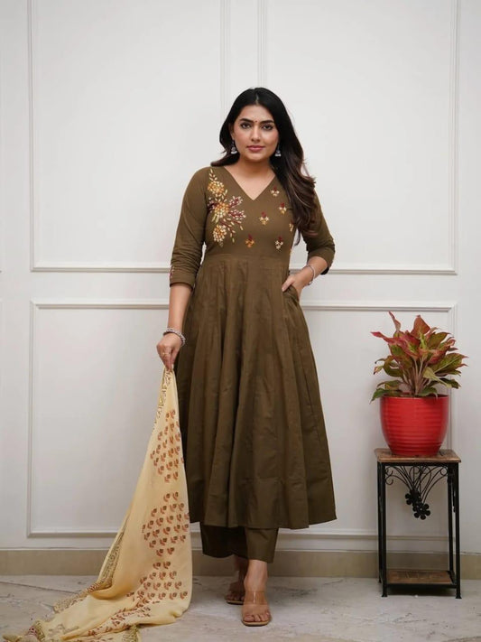 Olive Green Embroidered Kurti Set with Dupatta