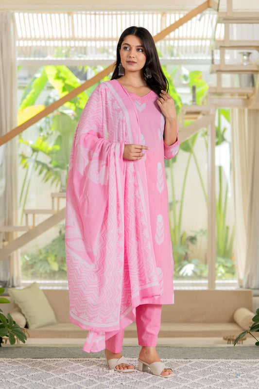 Elegant Pink Cotton Printed Kurti Set with Dupatta