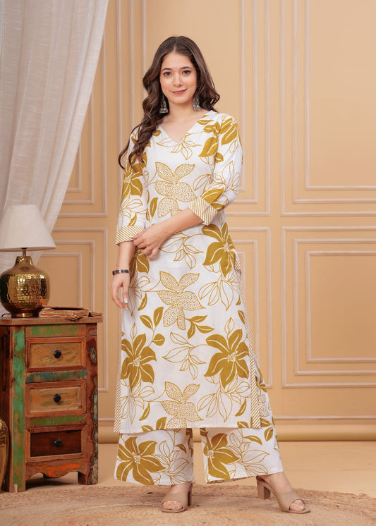 Elegant White & Mustard Floral Printed Cotton Kurti Set