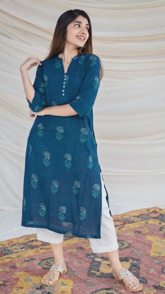 Elegant Blue Printed Cotton Kurti for Women