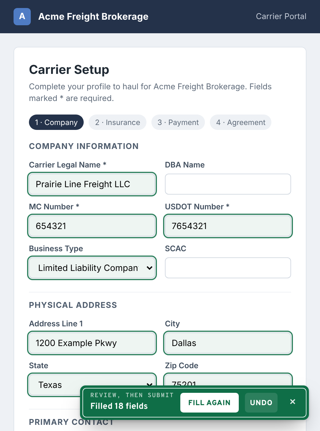 A carrier setup form with fields filled and highlighted, and the Fill form button