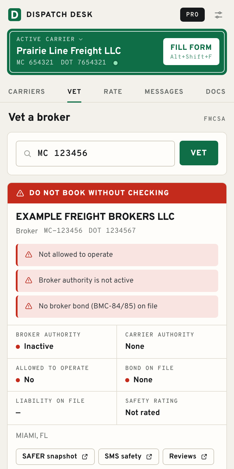 Broker vetting result with a red do-not-book verdict and the reasons