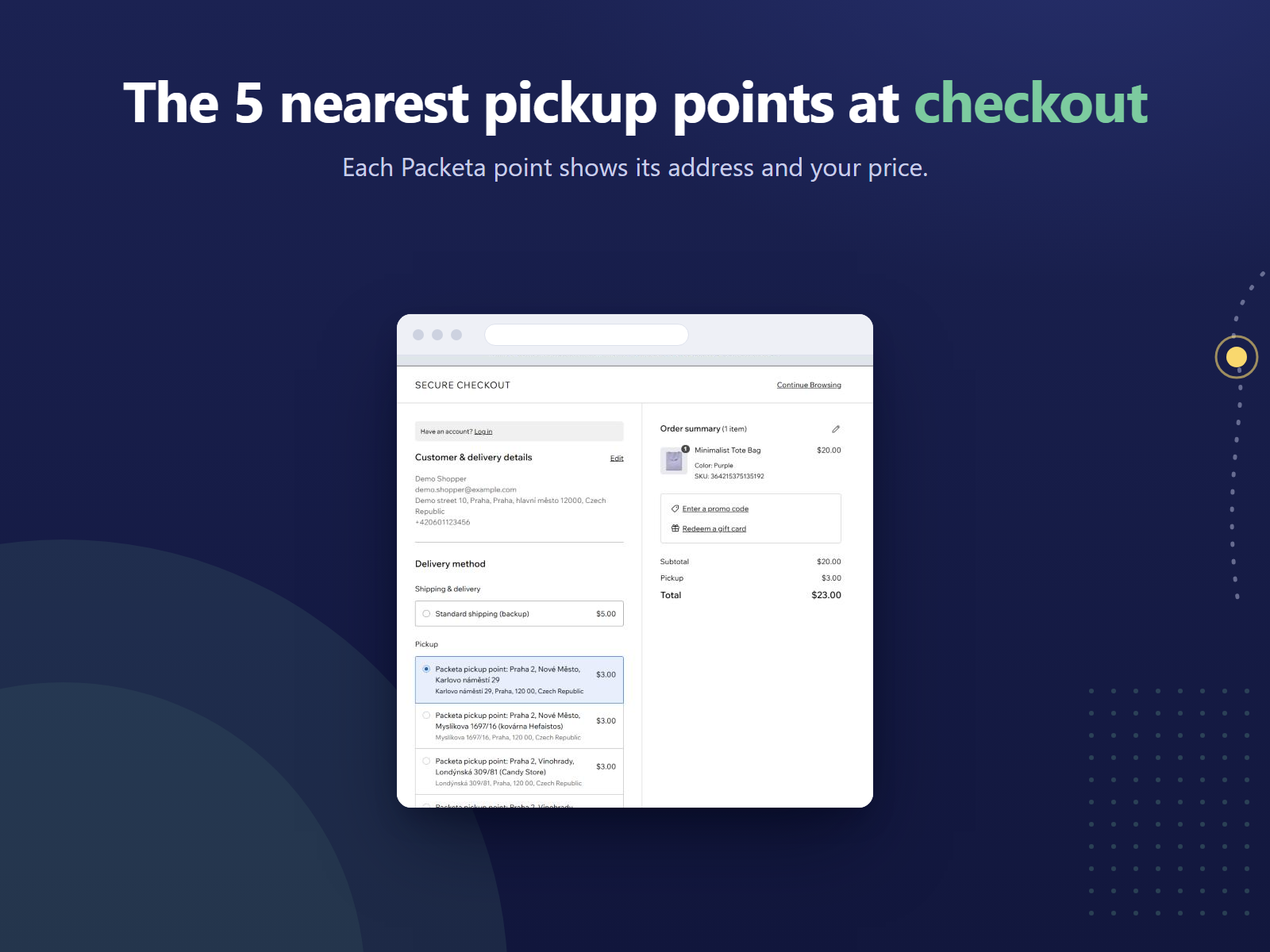 A Wix Stores checkout at the delivery method step: under Pickup, Packeta pickup points in Prague are listed as delivery options, each with its address and a price of $3.00, and the first one is selected.