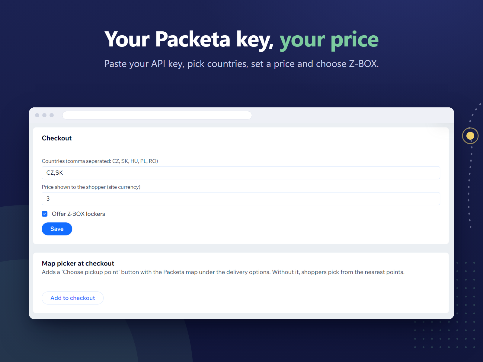 The app's page in the Wix dashboard: the Checkout card with the countries CZ and SK, a price of 3 and Offer Z-BOX lockers ticked, and the Map picker at checkout card with an Add to checkout button.